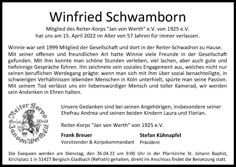  Traueranzeige für Winfried Schwamborn vom 23.04.2022 aus Kölner Stadt-Anzeiger / Kölnische Rundschau / Express