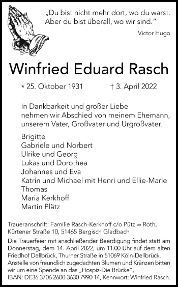 Anzeige von Winfried Eduard Rasch von Kölner Stadt-Anzeiger / Kölnische Rundschau / Express