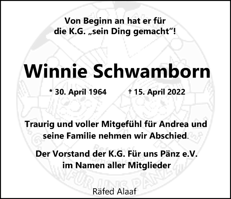  Traueranzeige für Winnie Schwamborn vom 23.04.2022 aus Kölner Stadt-Anzeiger / Kölnische Rundschau / Express