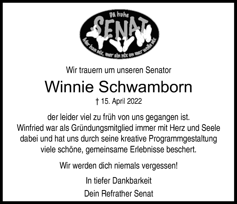  Traueranzeige für Winnie Schwamborn vom 23.04.2022 aus Kölner Stadt-Anzeiger / Kölnische Rundschau / Express