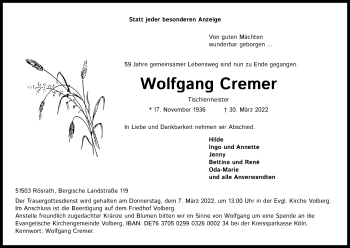 Anzeige von Wolfgang Cremer von Kölner Stadt-Anzeiger / Kölnische Rundschau / Express
