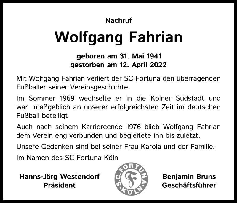  Traueranzeige für Wolfgang Fahrian vom 27.04.2022 aus Kölner Stadt-Anzeiger / Kölnische Rundschau / Express