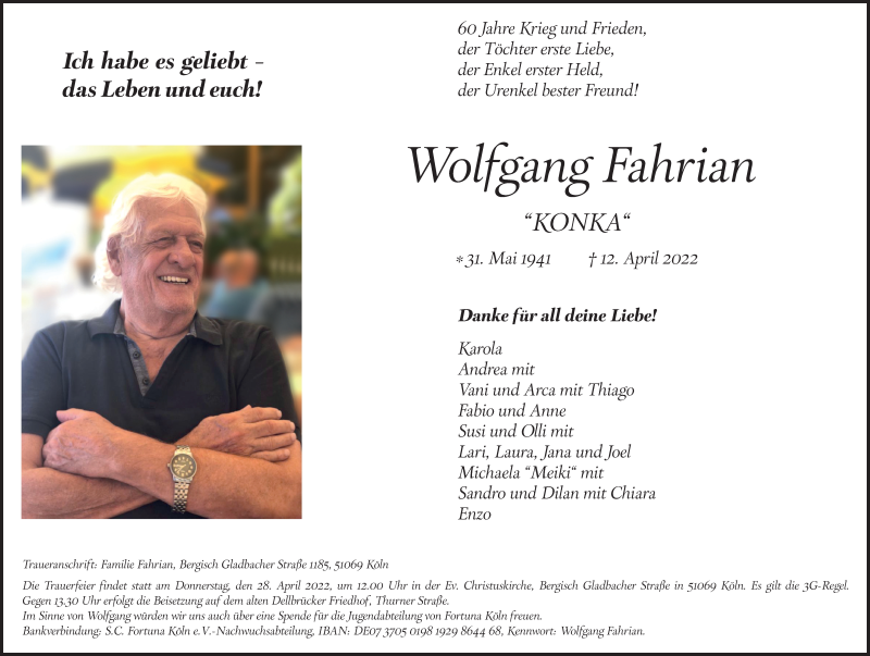  Traueranzeige für Wolfgang Fahrian vom 23.04.2022 aus Kölner Stadt-Anzeiger / Kölnische Rundschau / Express