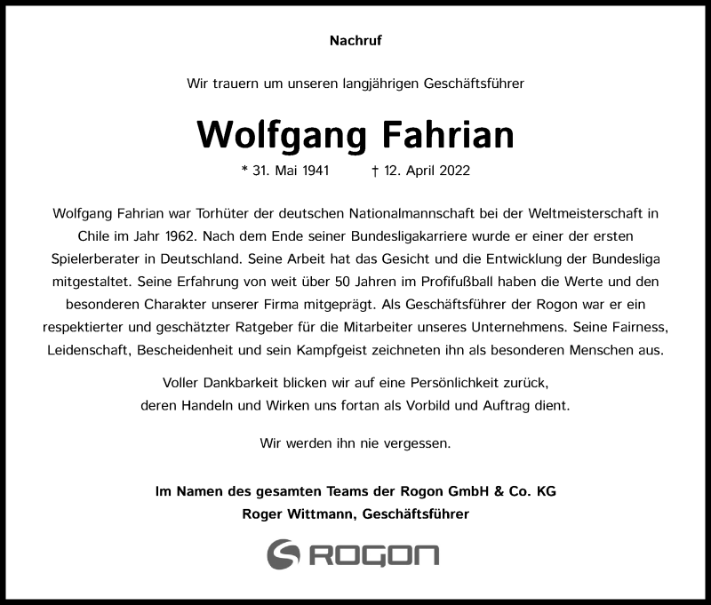  Traueranzeige für Wolfgang Fahrian vom 25.04.2022 aus Kölner Stadt-Anzeiger / Kölnische Rundschau / Express