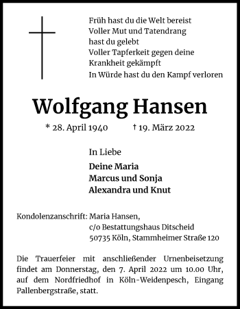 Anzeige von Wolfgang Hansen von Kölner Stadt-Anzeiger / Kölnische Rundschau / Express