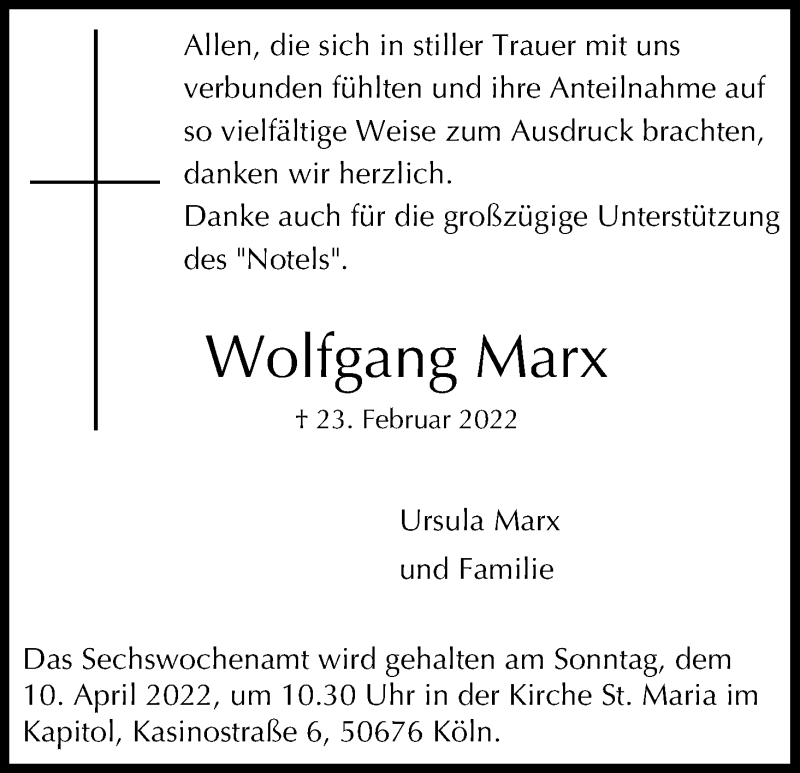  Traueranzeige für Wolfgang Marx vom 02.04.2022 aus Kölner Stadt-Anzeiger / Kölnische Rundschau / Express
