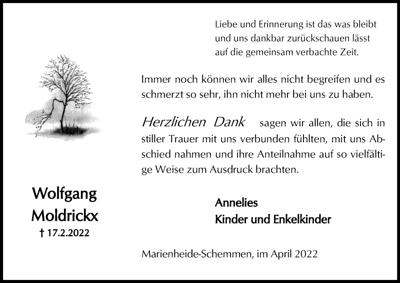  Traueranzeige für Wolfgang Moldrickx vom 02.04.2022 aus Kölner Stadt-Anzeiger / Kölnische Rundschau / Express
