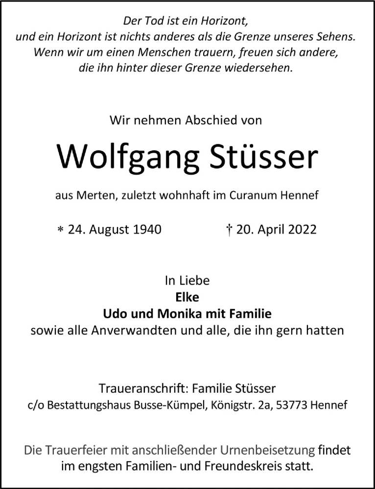  Traueranzeige für Wolfgang Stüsser vom 29.04.2022 aus  Schlossbote/Werbekurier 