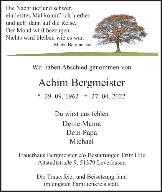 Anzeige von Achim Bergmeister von Kölner Stadt-Anzeiger / Kölnische Rundschau / Express