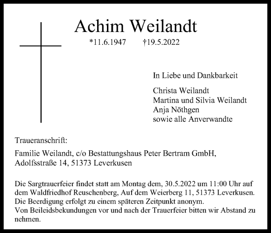 Anzeige von Achim Weilandt von Kölner Stadt-Anzeiger / Kölnische Rundschau / Express