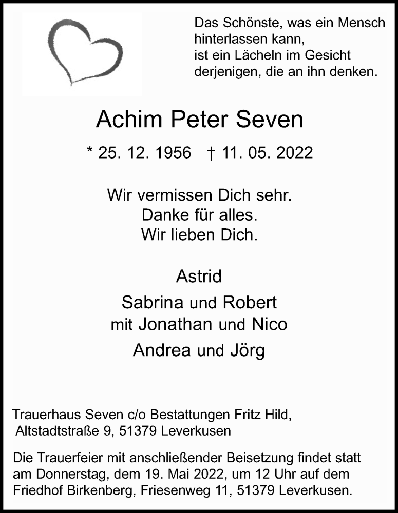  Traueranzeige für Achim Peter Seven vom 14.05.2022 aus Kölner Stadt-Anzeiger / Kölnische Rundschau / Express