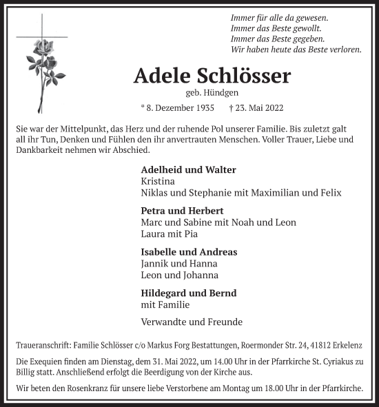Anzeige von Adele Schlösser von  Blickpunkt Euskirchen 