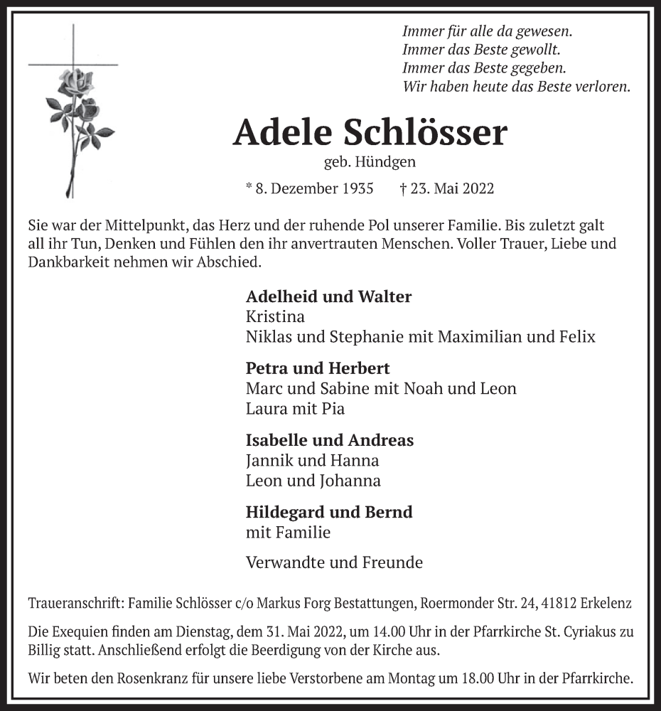  Traueranzeige für Adele Schlösser vom 28.05.2022 aus  Blickpunkt Euskirchen 