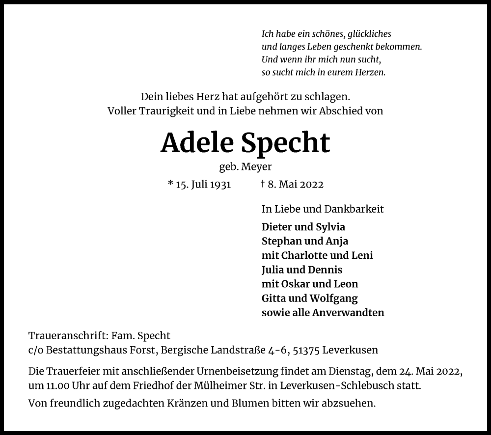  Traueranzeige für Adele Specht vom 14.05.2022 aus Kölner Stadt-Anzeiger / Kölnische Rundschau / Express