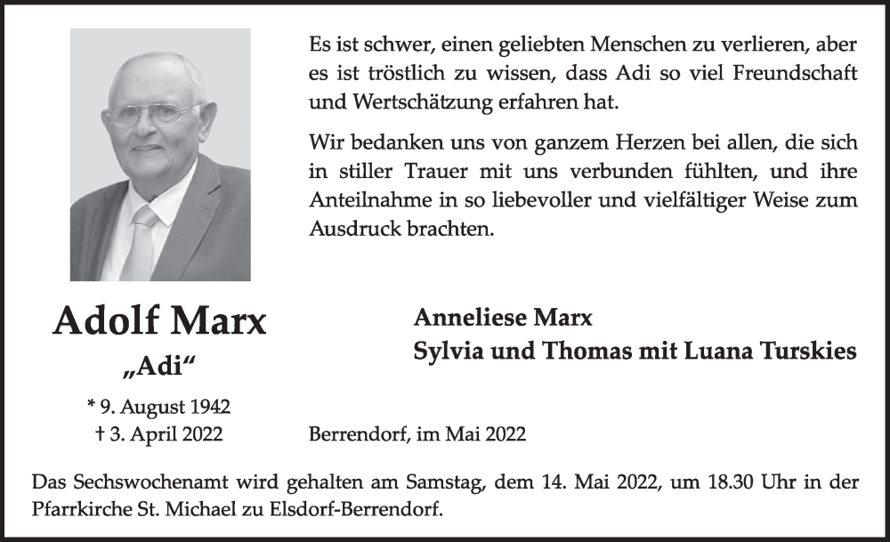  Traueranzeige für Adolf Marx vom 06.05.2022 aus  Werbepost 