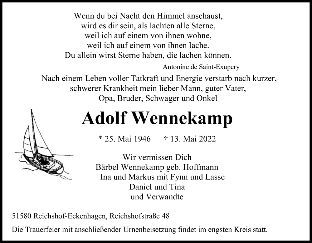 Traueranzeige für Adolf Wennekamp vom 20.05.2022 aus Kölner Stadt-Anzeiger / Kölnische Rundschau / Express