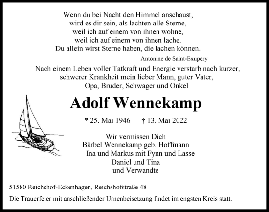 Anzeige von Adolf Wennekamp von  Anzeigen Echo  Lokalanzeiger 