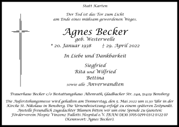 Anzeige von Agnes Becker von Kölner Stadt-Anzeiger / Kölnische Rundschau / Express