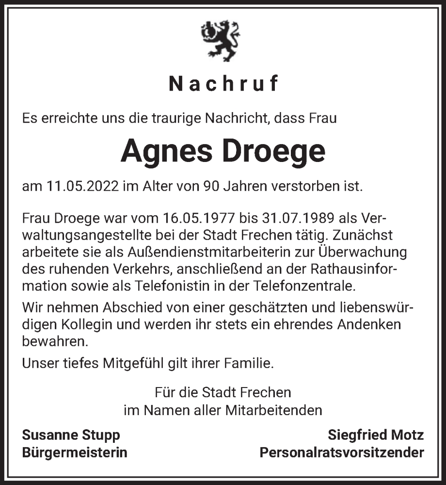  Traueranzeige für Agnes Droege vom 27.05.2022 aus  Wochenende 
