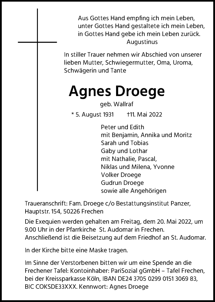  Traueranzeige für Agnes Droege vom 14.05.2022 aus Kölner Stadt-Anzeiger / Kölnische Rundschau / Express