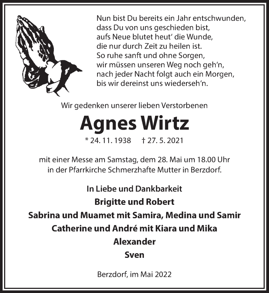  Traueranzeige für Agnes Wirtz vom 20.05.2022 aus  Schlossbote/Werbekurier 