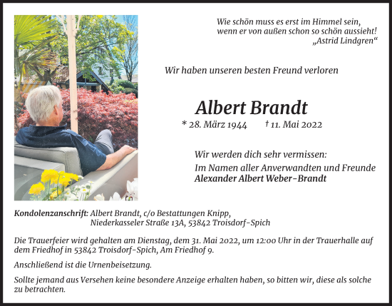 Anzeige von Albert Brandt von Kölner Stadt-Anzeiger / Kölnische Rundschau / Express