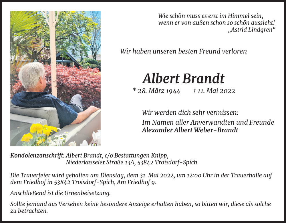  Traueranzeige für Albert Brandt vom 21.05.2022 aus Kölner Stadt-Anzeiger / Kölnische Rundschau / Express