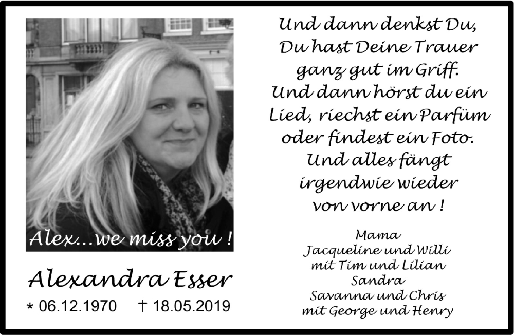  Traueranzeige für Alexandra Esser vom 27.05.2022 aus  Werbepost 