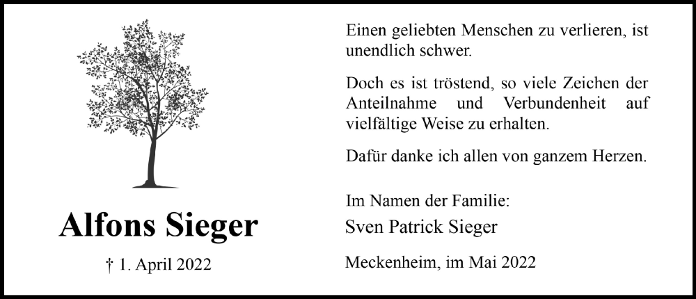  Traueranzeige für Alfons Sieger vom 13.05.2022 aus  Schaufenster/Blickpunkt 