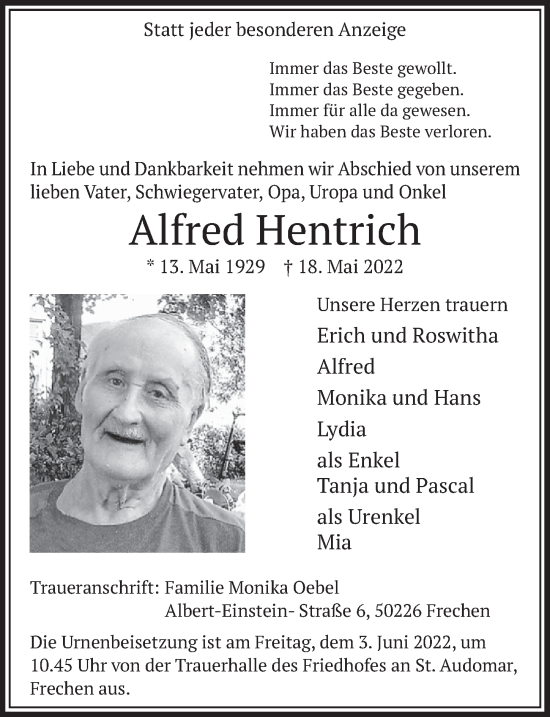 Anzeige von Alfred Hentrich von  Wochenende 