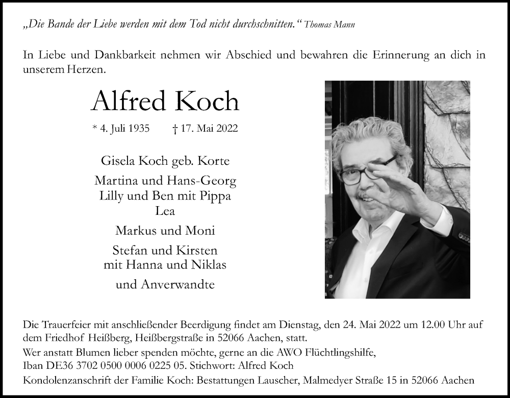  Traueranzeige für Alfred Koch vom 21.05.2022 aus Kölner Stadt-Anzeiger / Kölnische Rundschau / Express