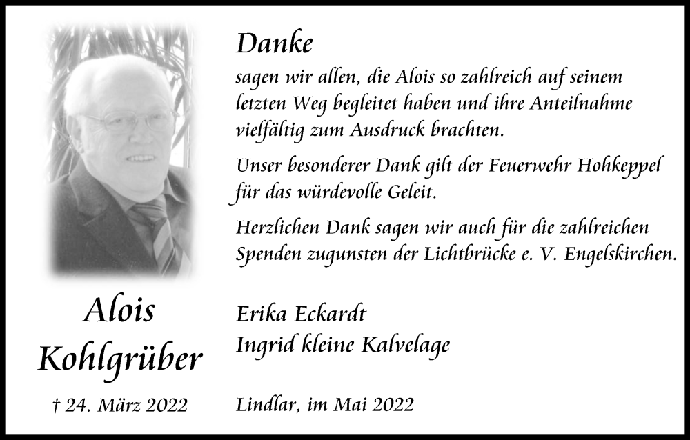  Traueranzeige für Alois Kohlgrüber vom 21.05.2022 aus Kölner Stadt-Anzeiger / Kölnische Rundschau / Express