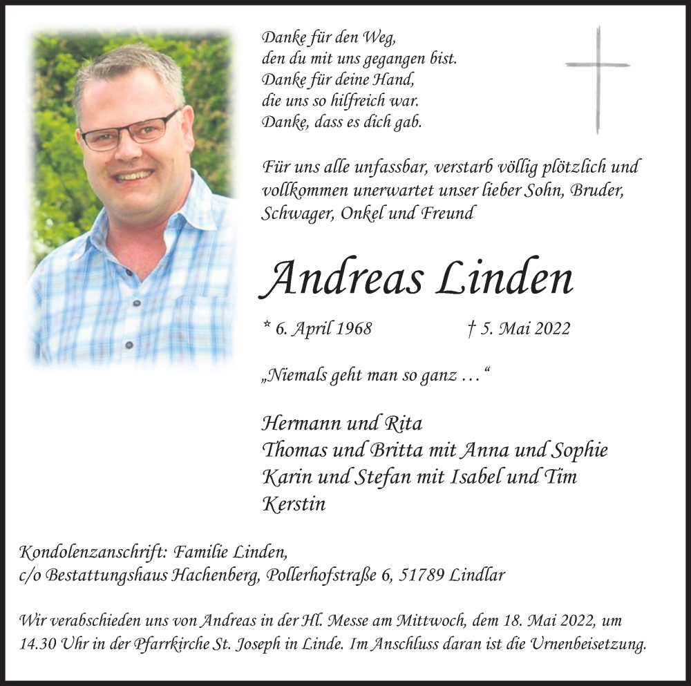  Traueranzeige für Andreas Linden vom 14.05.2022 aus Kölner Stadt-Anzeiger / Kölnische Rundschau / Express