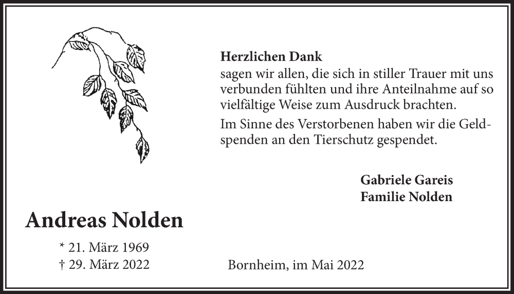  Traueranzeige für Andreas Nolden vom 13.05.2022 aus  Schaufenster/Blickpunkt 