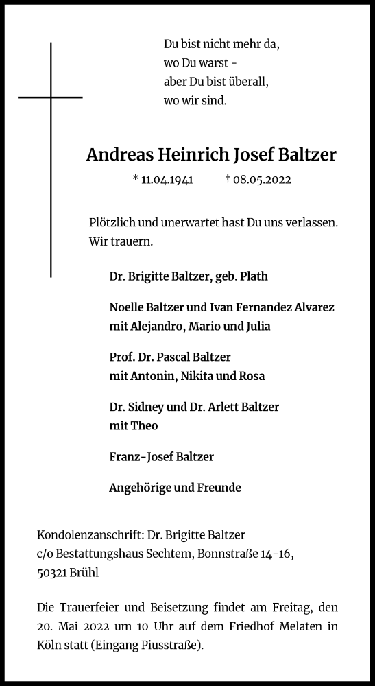 Anzeige von Andreas Heinrich Josef Baltzer von Kölner Stadt-Anzeiger / Kölnische Rundschau / Express