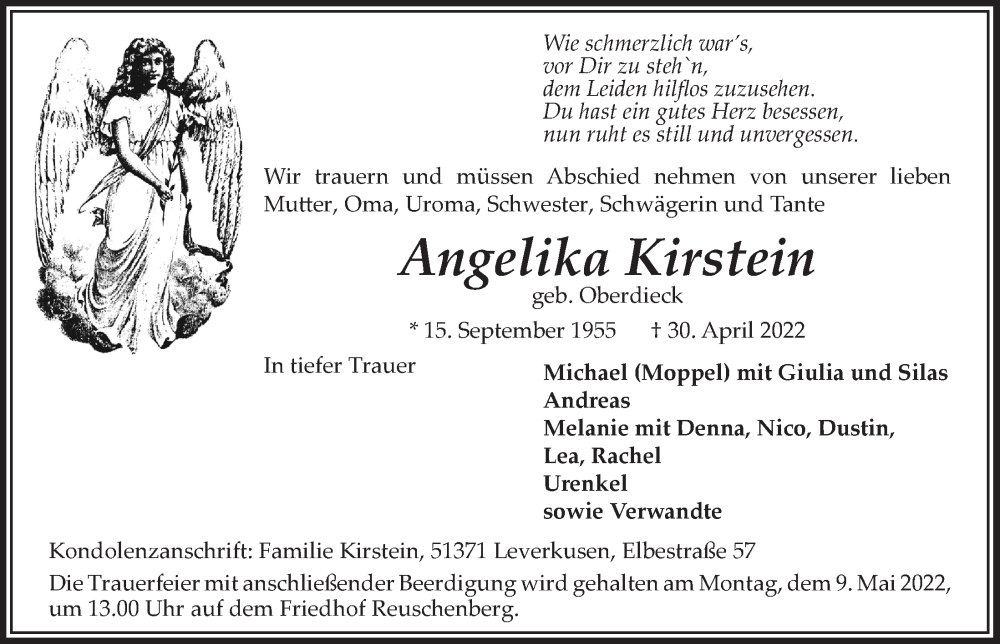  Traueranzeige für Angelika Kirstein vom 06.05.2022 aus  Lokale Informationen 