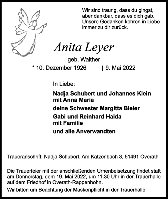 Anzeige von Anita Leyer von Kölner Stadt-Anzeiger / Kölnische Rundschau / Express