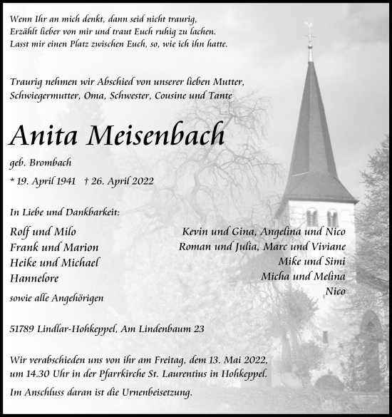 Anzeige von Anita Meisenbach von Kölner Stadt-Anzeiger / Kölnische Rundschau / Express