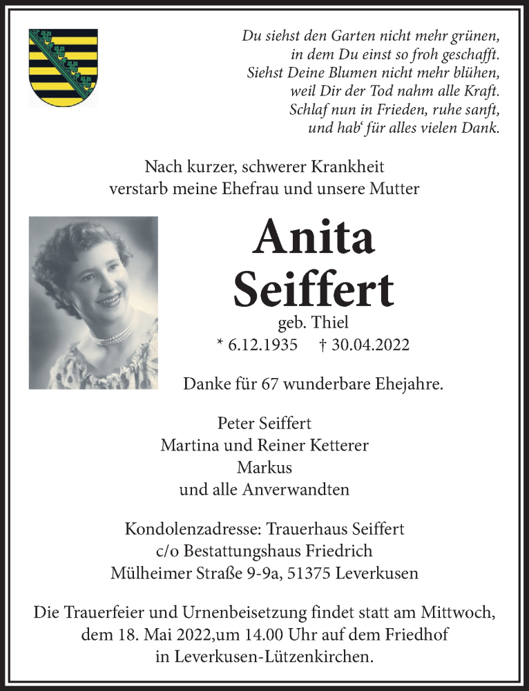  Traueranzeige für Anita Seiffert vom 13.05.2022 aus  Lokale Informationen 