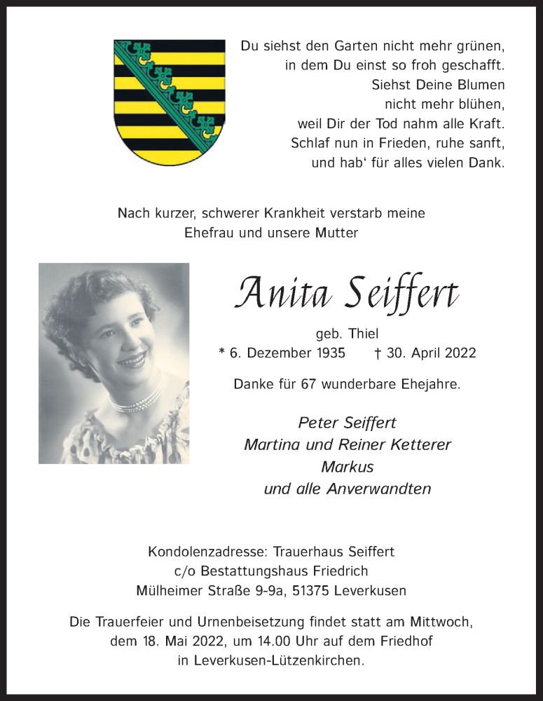  Traueranzeige für Anita Seiffert vom 14.05.2022 aus Kölner Stadt-Anzeiger / Kölnische Rundschau / Express
