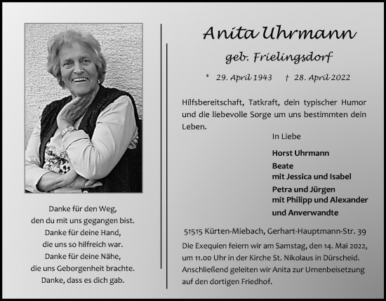 Anzeige von Anita Uhrmann von Kölner Stadt-Anzeiger / Kölnische Rundschau / Express
