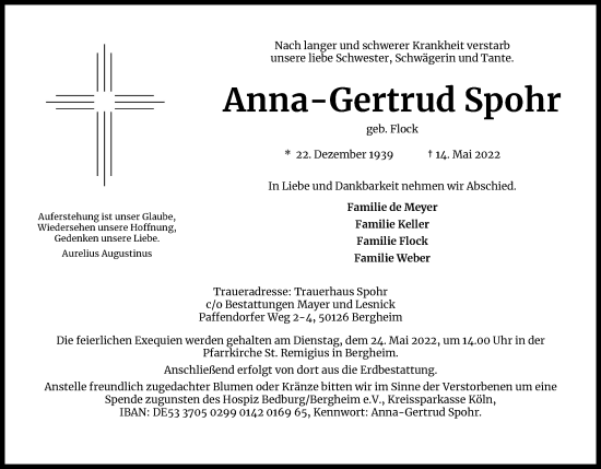 Anzeige von Anna-Gertrud Spohr von Kölner Stadt-Anzeiger / Kölnische Rundschau / Express