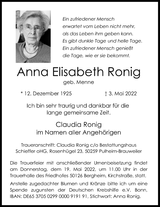 Anzeige von Anna Elisabeth Ronig von Kölner Stadt-Anzeiger / Kölnische Rundschau / Express