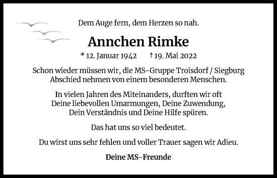 Anzeige von Annchen Rimke von Kölner Stadt-Anzeiger / Kölnische Rundschau / Express