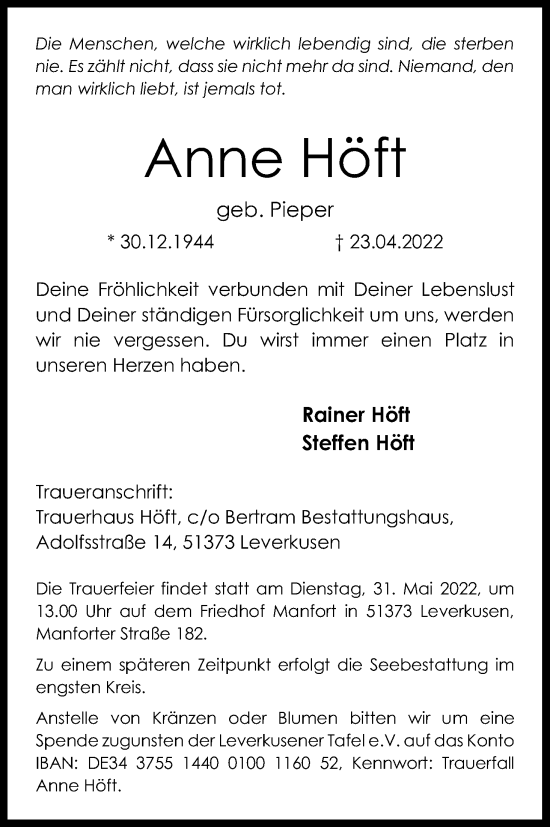 Anzeige von Anne Höft von Kölner Stadt-Anzeiger / Kölnische Rundschau / Express