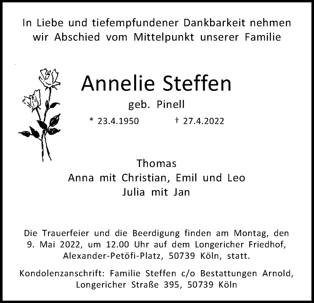  Traueranzeige für Annelie Steffen vom 07.05.2022 aus Kölner Stadt-Anzeiger / Kölnische Rundschau / Express