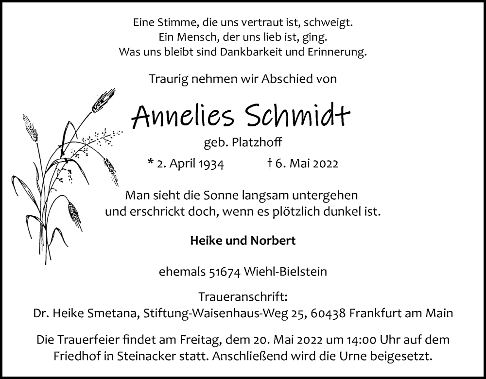  Traueranzeige für Annelies Schmidt vom 11.05.2022 aus Kölner Stadt-Anzeiger / Kölnische Rundschau / Express