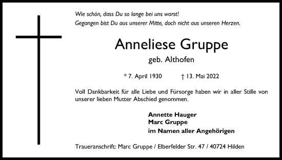 Anzeige von Anneliese Gruppe von Kölner Stadt-Anzeiger / Kölnische Rundschau / Express