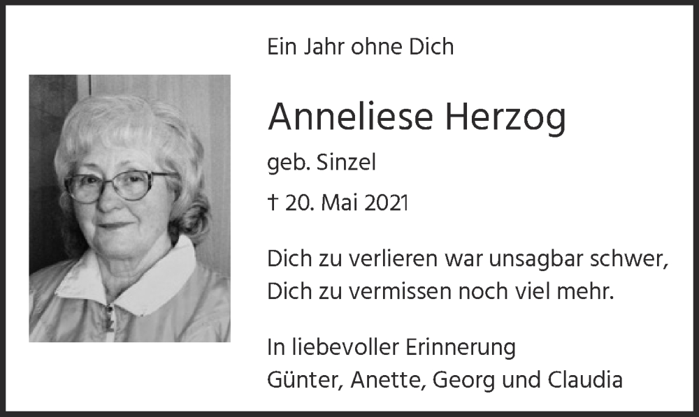  Traueranzeige für Anneliese Herzog vom 20.05.2022 aus  EXPRESS - Die Woche 