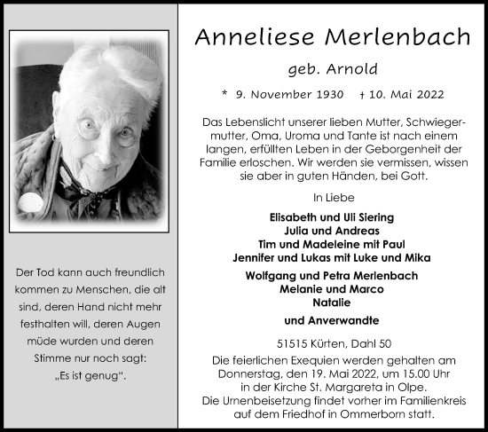 Anzeige von Anneliese Merlenbach von Kölner Stadt-Anzeiger / Kölnische Rundschau / Express